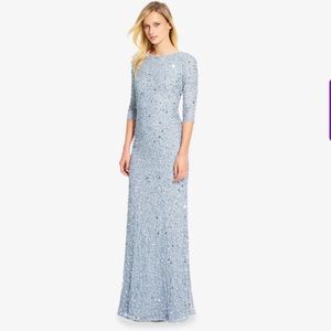 NWT Adrianna Papell Scoop Back Sequin Gown with 3/4 Sleeves, Blue, Size 18